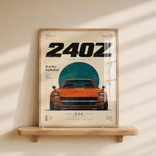 Vintage Japanese Sports Car Poster, 70s Classic JDM Wall Art, Orange Retro Coupe Print, Automotive Garage Decor