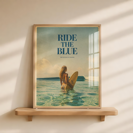 Vintage Surfer Girl Poster, Retro Surf Art Print, Ocean Wall Decor, Ride The Blue, Beach House Decor