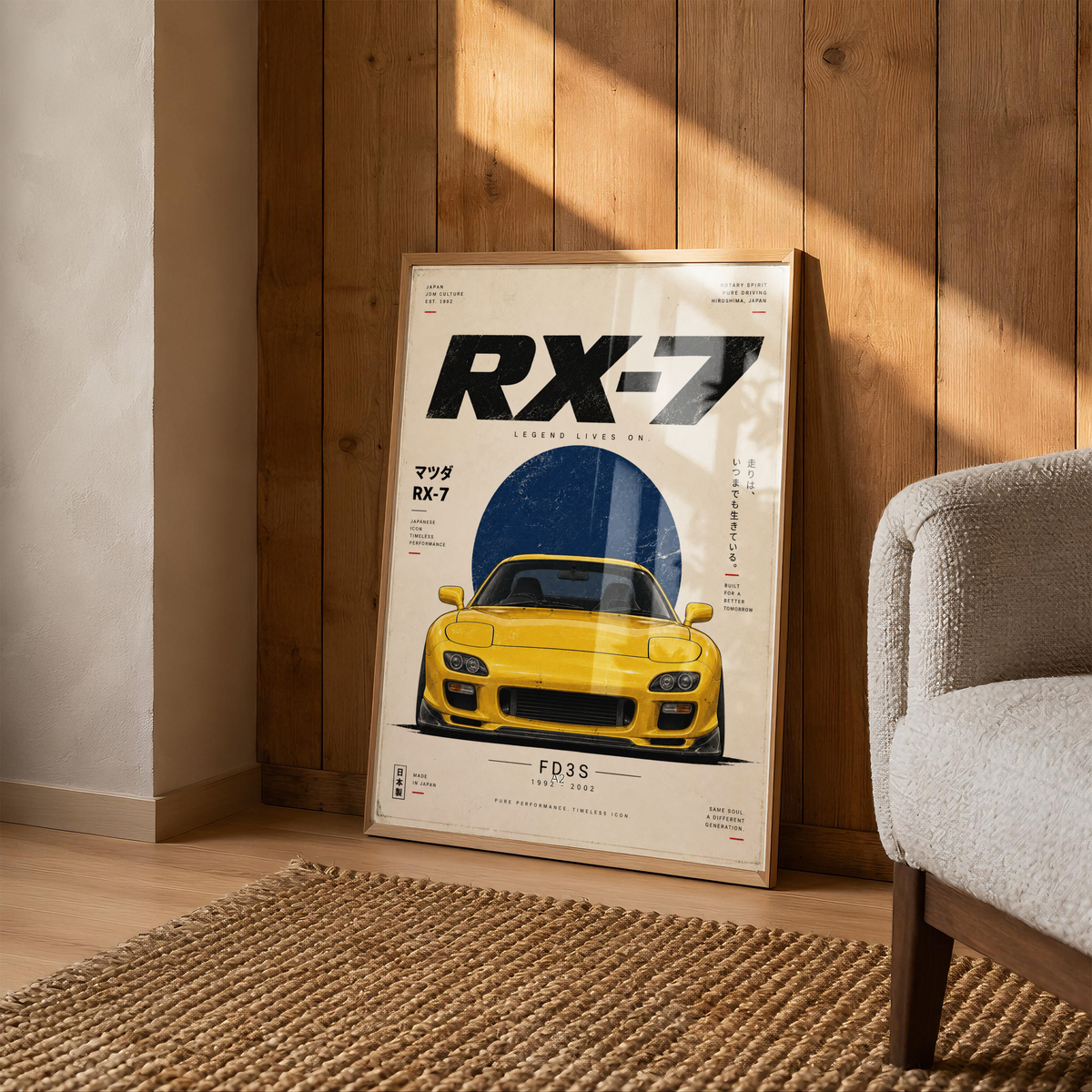 Japanese Rotary Sports Car Poster, Minimalist JDM Wall Art, 90s Yellow Coupe Print, Retro Tuner Illustration, Garage Decor