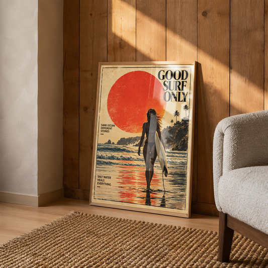 Retro Surf Poster, Vintage Beach Art Print, Surfer Girl Wall Decor, Sunset Ocean Print, Coastal Surf Decor