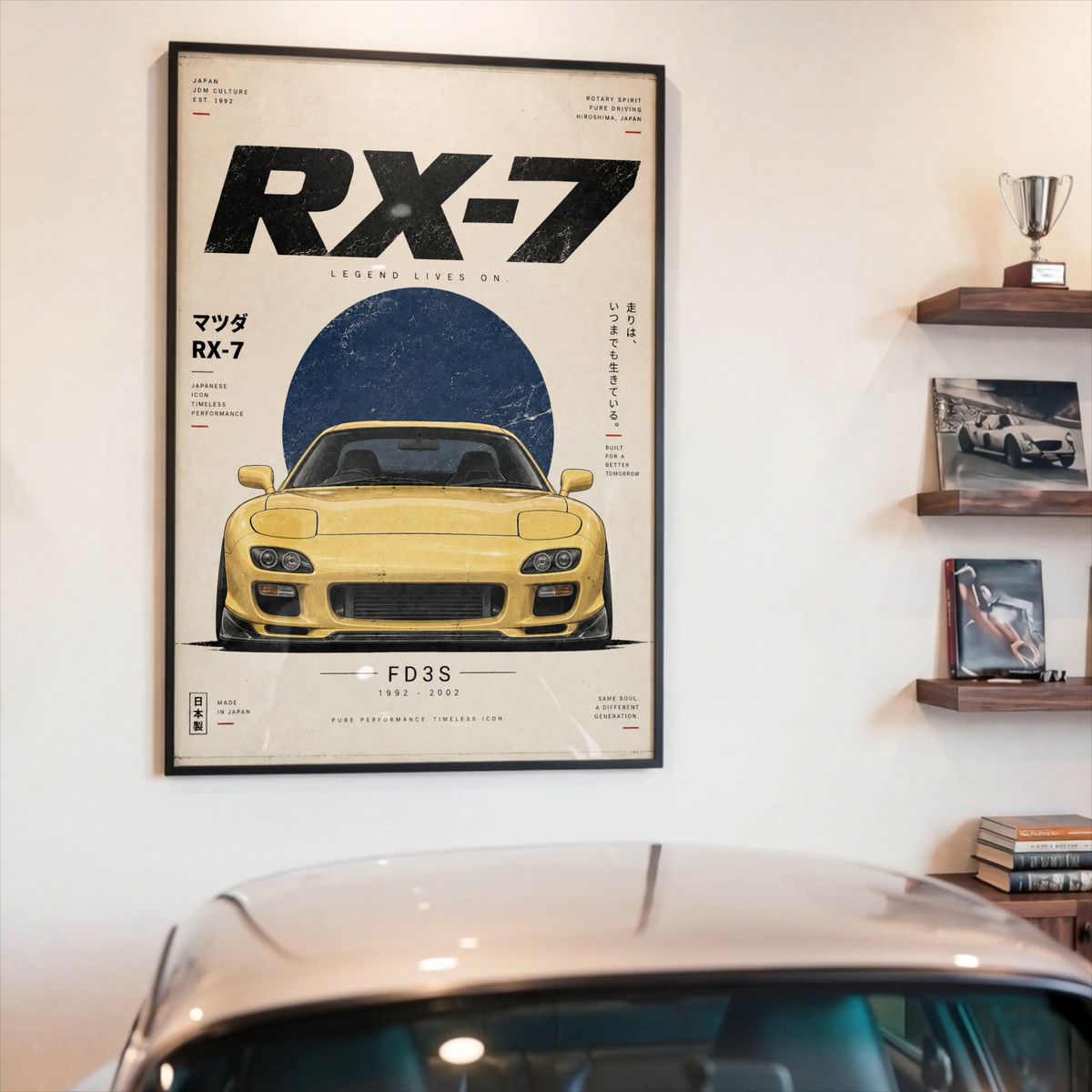 Japanese Rotary Sports Car Poster, Minimalist JDM Wall Art, 90s Yellow Coupe Print, Retro Tuner Illustration, Garage Decor