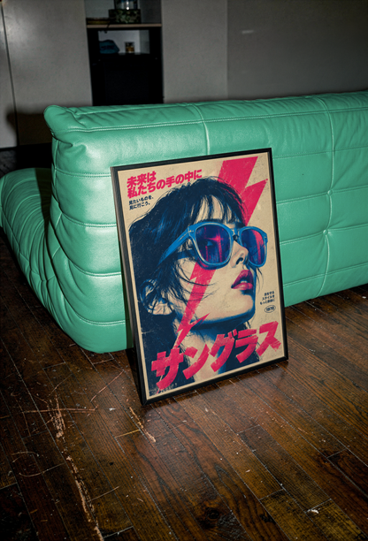 Japanese Pop Art Portrait Poster, Blue Sunglasses and Pink Lightning, Retro Tokyo Wall Decor