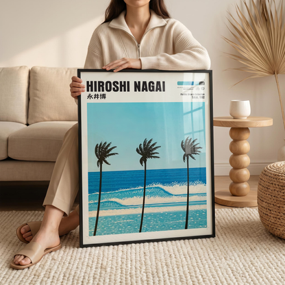 Hiroshi Nagai Pacific Breeze Poster, Tropical Palm Tree Art, Japanese Ocean Print, Retro Surf Wall Decor, Blue Summer Beach Artwork