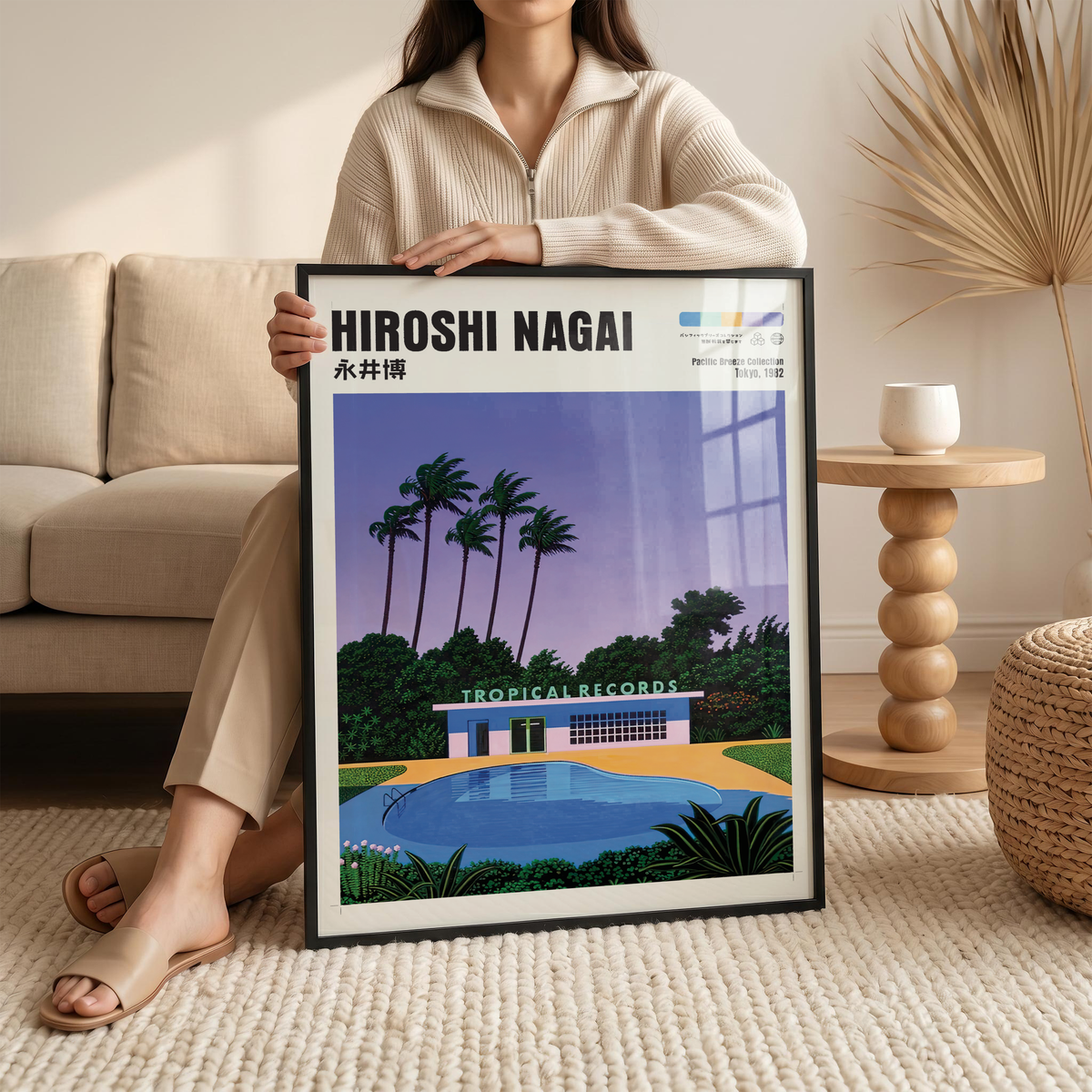 Hiroshi Nagai Pacific Breeze Poster, Tropical Pool Art, Japanese Retro Summer Print, Palm Tree Wall Decor, City Pop Artwork
