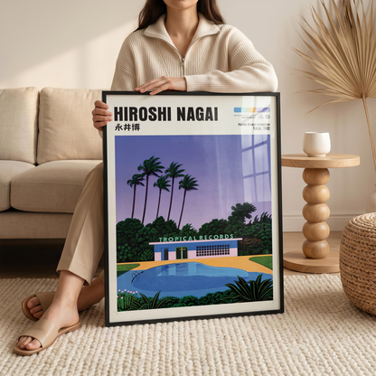 Hiroshi Nagai Pacific Breeze Poster, Tropical Pool Art, Japanese Retro Summer Print, Palm Tree Wall Decor, City Pop Artwork