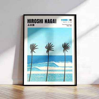 Hiroshi Nagai Pacific Breeze Poster, Tropical Palm Tree Art, Japanese Ocean Print, Retro Surf Wall Decor, Blue Summer Beach Artwork