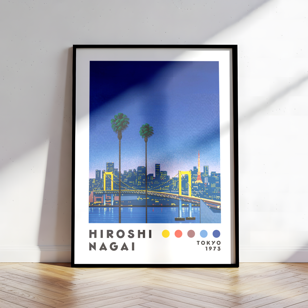 Hiroshi Nagai Tokyo 1973 Poster, Japanese Cityscape, Bridge and Tokyo Tower, Palm Trees, Retro Japanese Wall Ar