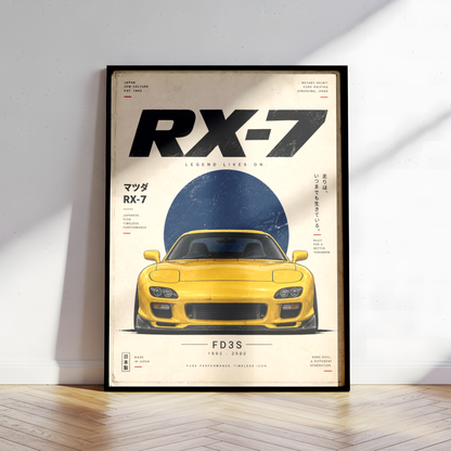 Japanese Rotary Sports Car Poster, Minimalist JDM Wall Art, 90s Yellow Coupe Print, Retro Tuner Illustration, Garage Decor