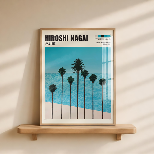 Hiroshi Nagai Pacific Breeze Poster, Japanese Ocean and Palm Trees, Turquoise Sea, Retro Beach Wall Art, Summer Coastal Decor