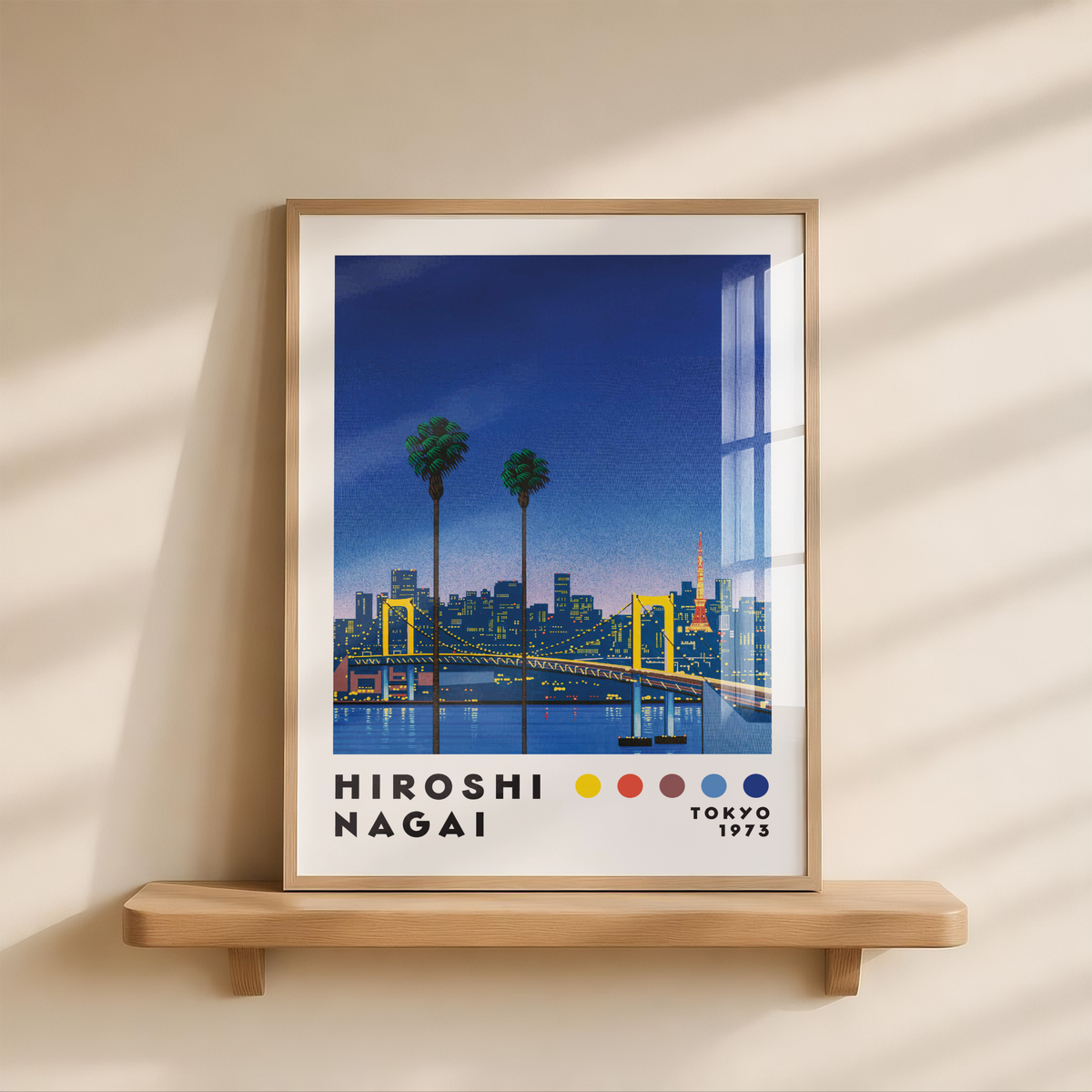 Hiroshi Nagai Tokyo 1973 Poster, Japanese Cityscape, Bridge and Tokyo Tower, Palm Trees, Retro Japanese Wall Ar