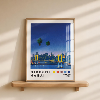 Hiroshi Nagai Tokyo 1973 Poster, Japanese Cityscape, Bridge and Tokyo Tower, Palm Trees, Retro Japanese Wall Ar