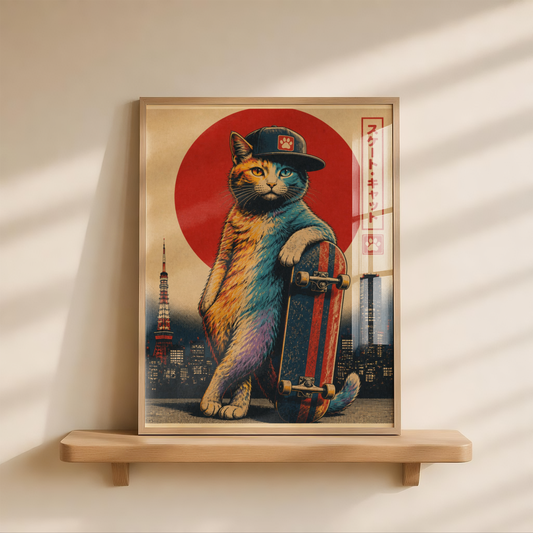 Skateboard Cat Poster, Japanese Cat Wall Art, Vintage Skate Print, Tokyo Street Decor, Cute Skate Room Art, Retro Animal Poster