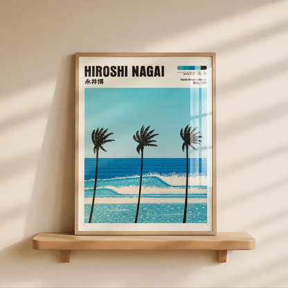 Hiroshi Nagai Pacific Breeze Poster, Tropical Palm Tree Art, Japanese Ocean Print, Retro Surf Wall Decor, Blue Summer Beach Artwork