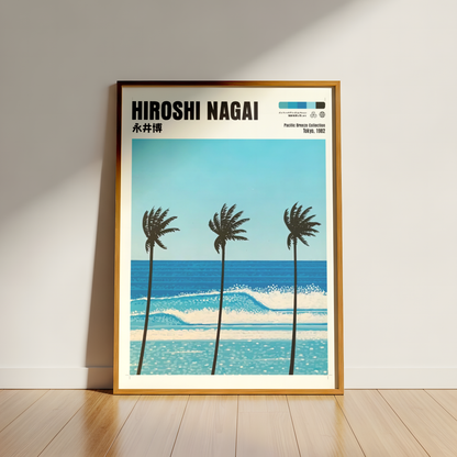 Hiroshi Nagai Pacific Breeze Poster, Tropical Palm Tree Art, Japanese Ocean Print, Retro Surf Wall Decor, Blue Summer Beach Artwork