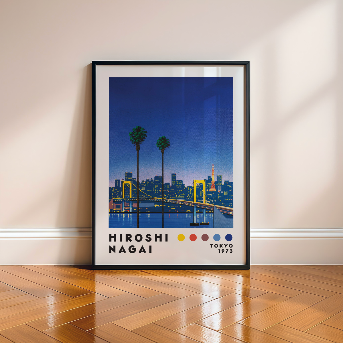 Hiroshi Nagai Tokyo 1973 Poster, Japanese Cityscape, Bridge and Tokyo Tower, Palm Trees, Retro Japanese Wall Ar