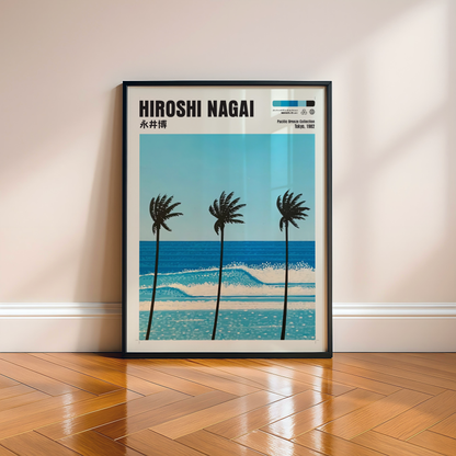 Hiroshi Nagai Pacific Breeze Poster, Tropical Palm Tree Art, Japanese Ocean Print, Retro Surf Wall Decor, Blue Summer Beach Artwork