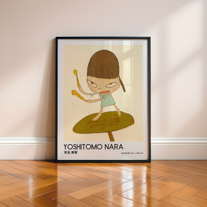 Yoshitomo Nara Girl Playing Drums Poster, Brown Hair Green Dress, Japanese Contemporary Art Print