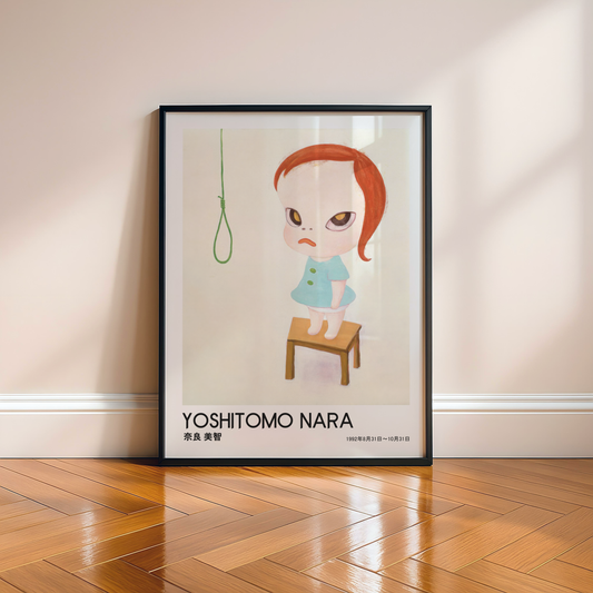 Yoshitomo Nara Red Haired Girl on Stool Poster, Japanese Contemporary Art Print, Minimalist Wall Decor, Green Eyes Artwork