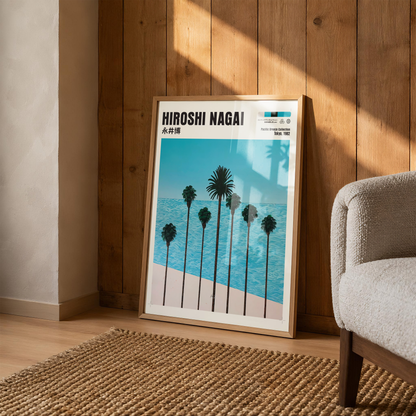 Hiroshi Nagai Pacific Breeze Poster, Japanese Ocean and Palm Trees, Turquoise Sea, Retro Beach Wall Art, Summer Coastal Decor