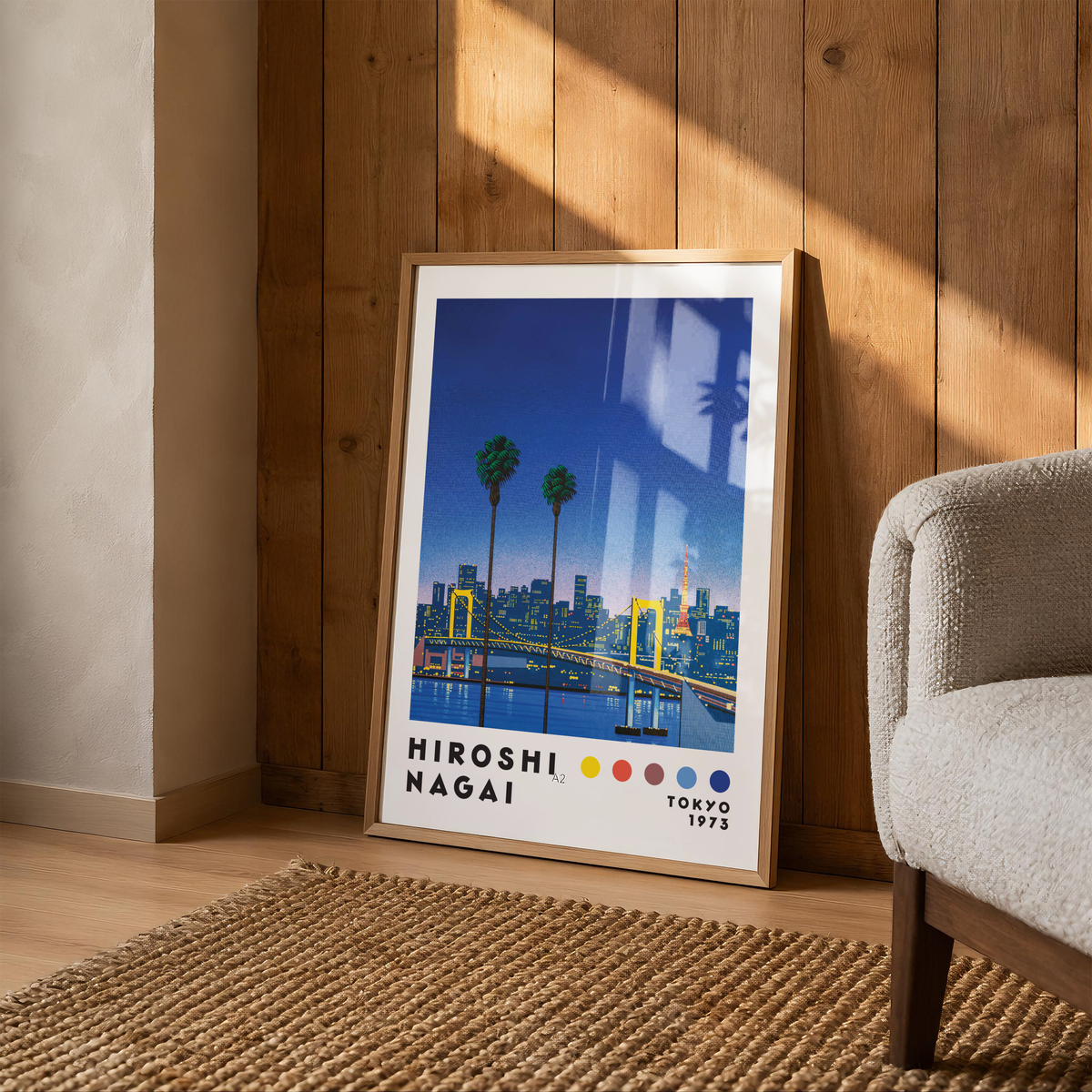 Hiroshi Nagai Tokyo 1973 Poster, Japanese Cityscape, Bridge and Tokyo Tower, Palm Trees, Retro Japanese Wall Ar