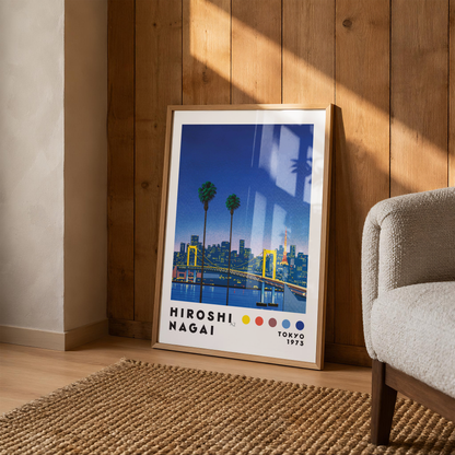 Hiroshi Nagai Tokyo 1973 Poster, Japanese Cityscape, Bridge and Tokyo Tower, Palm Trees, Retro Japanese Wall Ar