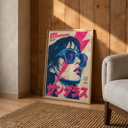Japanese Pop Art Portrait Poster, Blue Sunglasses and Pink Lightning, Retro Tokyo Wall Decor