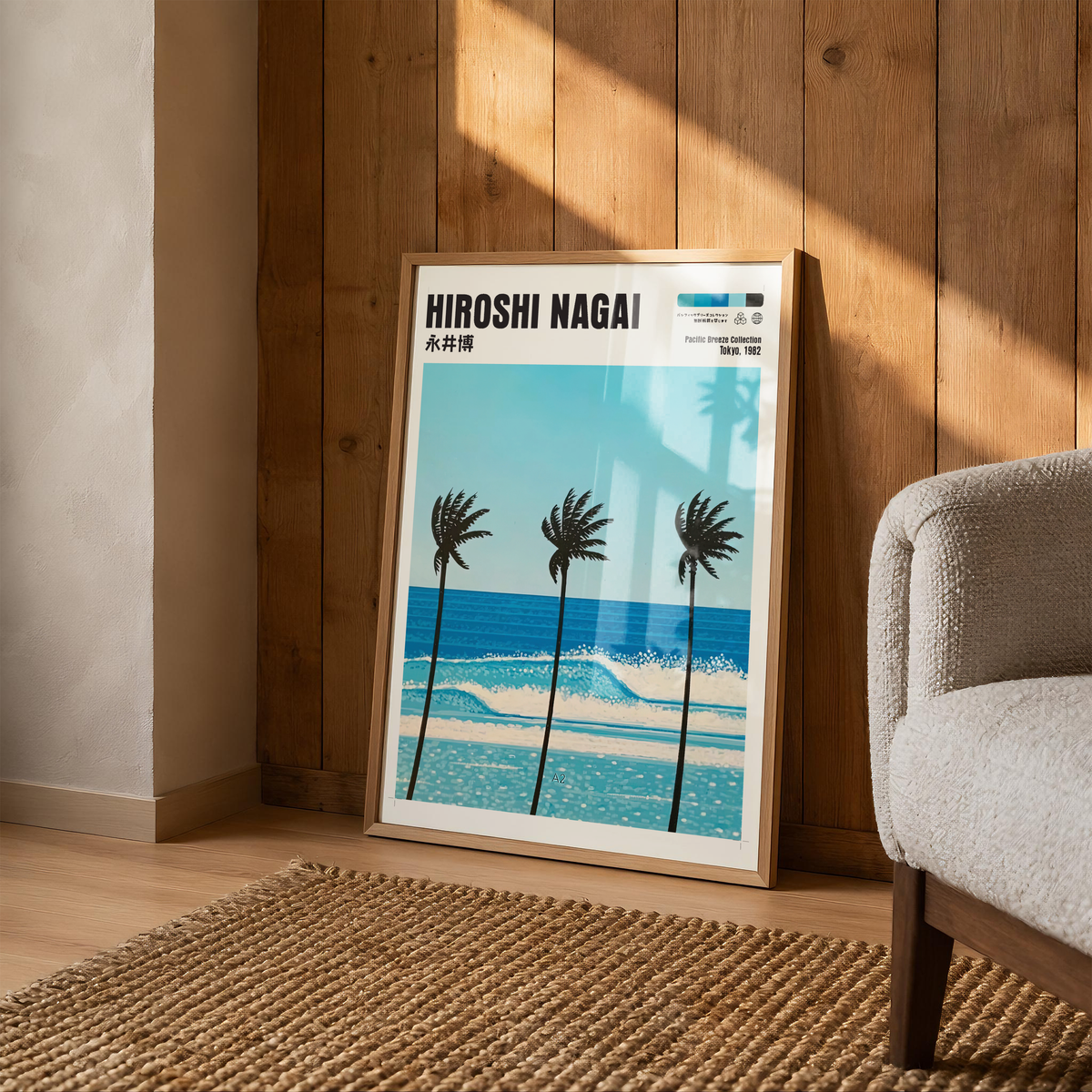 Hiroshi Nagai Pacific Breeze Poster, Tropical Palm Tree Art, Japanese Ocean Print, Retro Surf Wall Decor, Blue Summer Beach Artwork