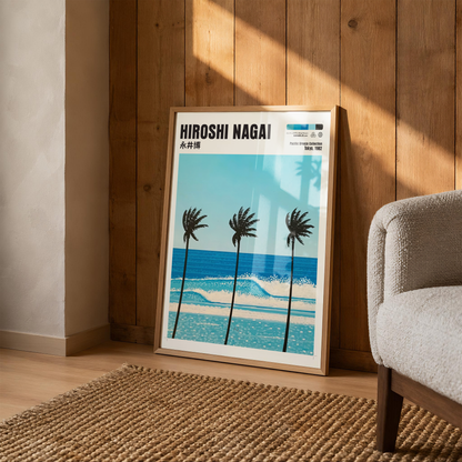Hiroshi Nagai Pacific Breeze Poster, Tropical Palm Tree Art, Japanese Ocean Print, Retro Surf Wall Decor, Blue Summer Beach Artwork