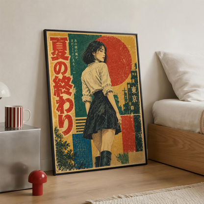 Retro Japanese Summer Poster, Woman in Tokyo at Sunset, Vintage Geometric Wall Art