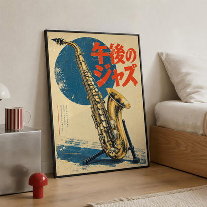 Japanese Jazz Poster, Golden Saxophone with Red Lettering, Retro Music Wall Art