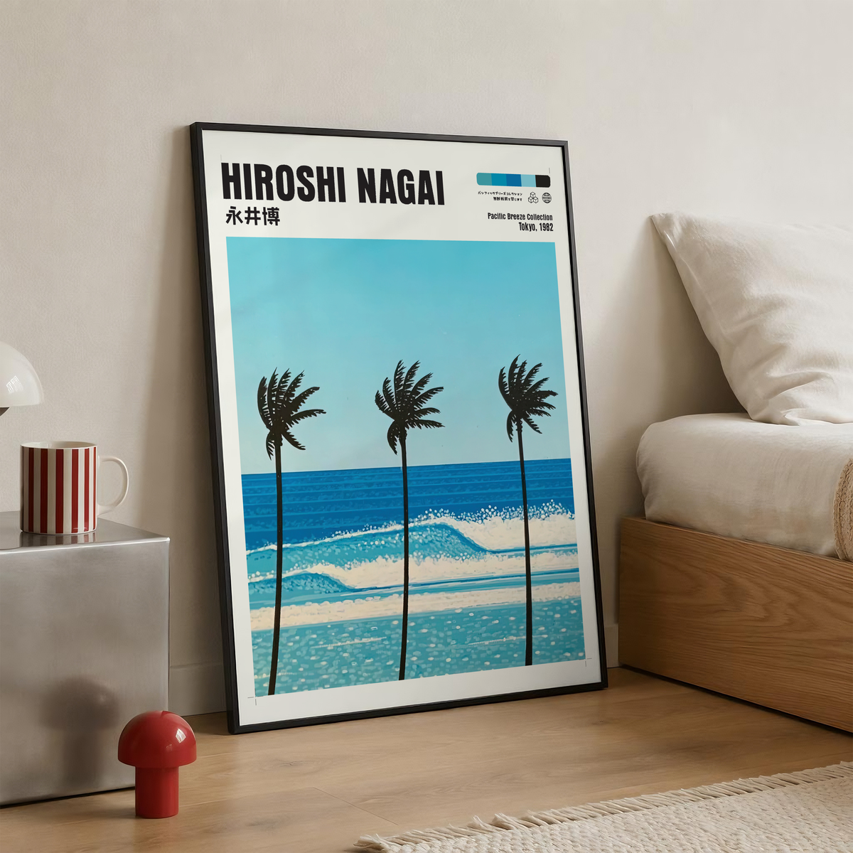 Hiroshi Nagai Pacific Breeze Poster, Tropical Palm Tree Art, Japanese Ocean Print, Retro Surf Wall Decor, Blue Summer Beach Artwork