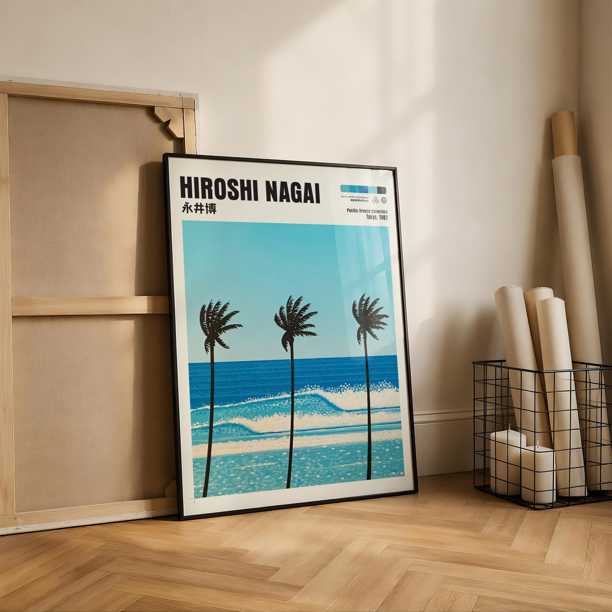 Hiroshi Nagai Pacific Breeze Poster, Tropical Palm Tree Art, Japanese Ocean Print, Retro Surf Wall Decor, Blue Summer Beach Artwork