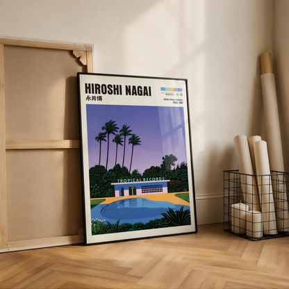 Hiroshi Nagai Pacific Breeze Poster, Tropical Pool Art, Japanese Retro Summer Print, Palm Tree Wall Decor, City Pop Artwork