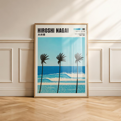 Hiroshi Nagai Pacific Breeze Poster, Tropical Palm Tree Art, Japanese Ocean Print, Retro Surf Wall Decor, Blue Summer Beach Artwork