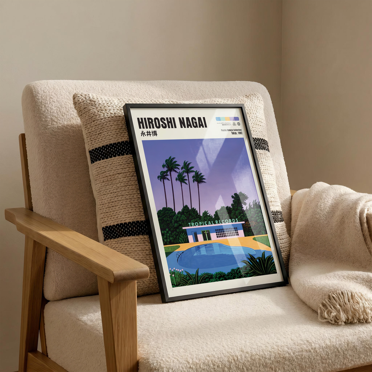 Hiroshi Nagai Pacific Breeze Poster, Tropical Pool Art, Japanese Retro Summer Print, Palm Tree Wall Decor, City Pop Artwork