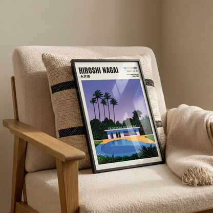 Hiroshi Nagai Pacific Breeze Poster, Tropical Pool Art, Japanese Retro Summer Print, Palm Tree Wall Decor, City Pop Artwork