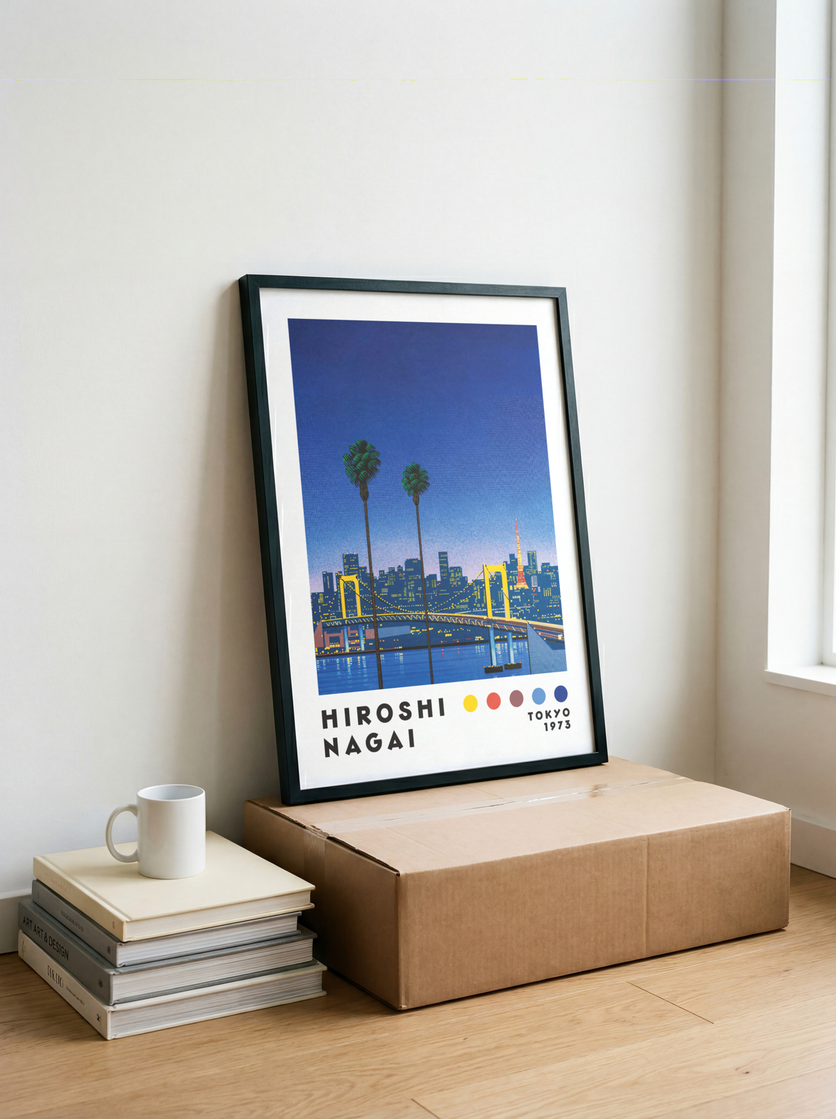 Hiroshi Nagai Tokyo 1973 Poster, Japanese Cityscape, Bridge and Tokyo Tower, Palm Trees, Retro Japanese Wall Ar