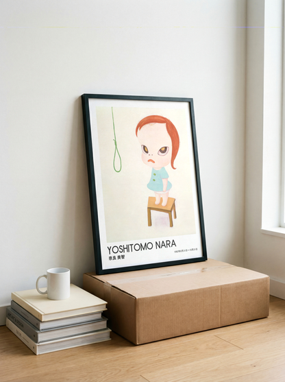Yoshitomo Nara Red Haired Girl on Stool Poster, Japanese Contemporary Art Print, Minimalist Wall Decor, Green Eyes Artwork