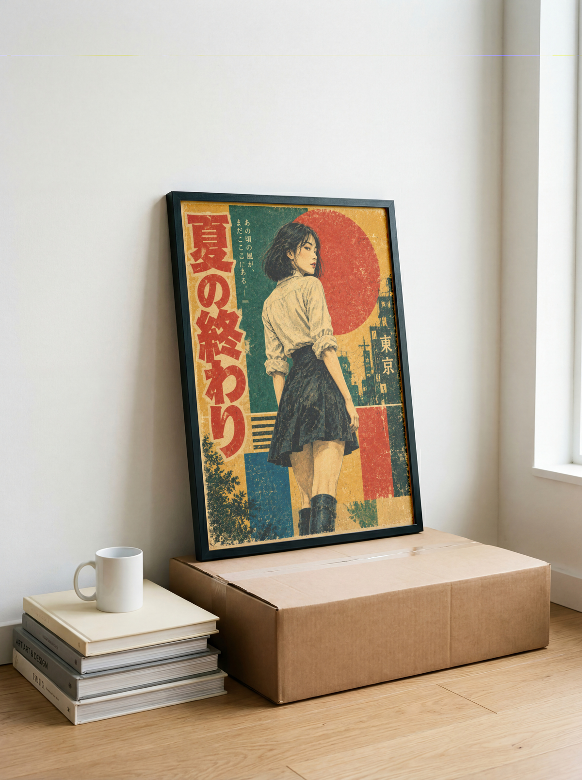 Retro Japanese Summer Poster, Woman in Tokyo at Sunset, Vintage Geometric Wall Art