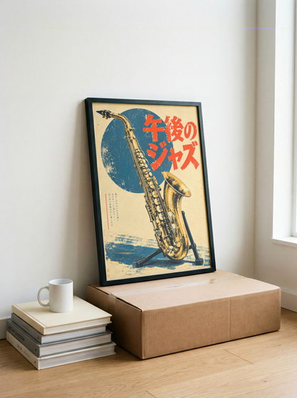 Japanese Jazz Poster, Golden Saxophone with Red Lettering, Retro Music Wall Art