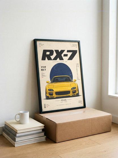 Japanese Rotary Sports Car Poster, Minimalist JDM Wall Art, 90s Yellow Coupe Print, Retro Tuner Illustration, Garage Decor