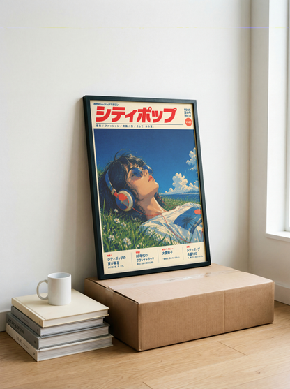 1980s Japanese City Pop Poster, Summer Magazine Cover Art, Anime Style Seaside Illustration