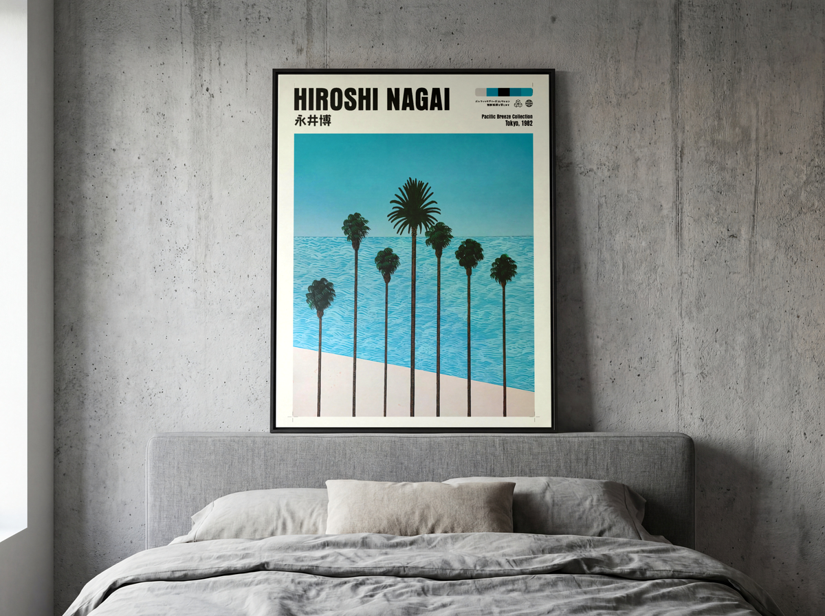 Hiroshi Nagai Pacific Breeze Poster, Japanese Ocean and Palm Trees, Turquoise Sea, Retro Beach Wall Art, Summer Coastal Decor