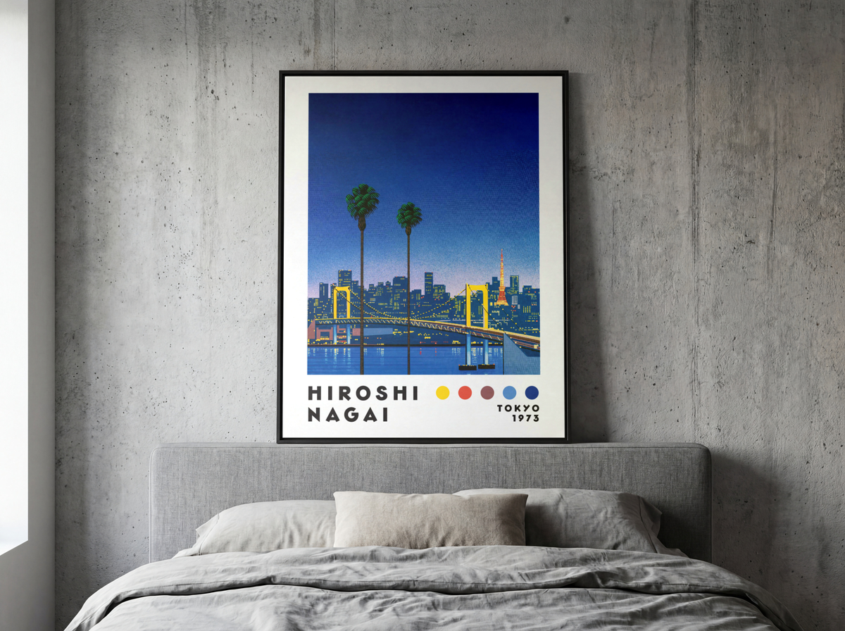 Hiroshi Nagai Tokyo 1973 Poster, Japanese Cityscape, Bridge and Tokyo Tower, Palm Trees, Retro Japanese Wall Ar