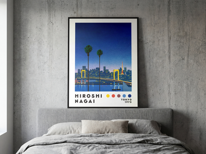 Hiroshi Nagai Tokyo 1973 Poster, Japanese Cityscape, Bridge and Tokyo Tower, Palm Trees, Retro Japanese Wall Ar