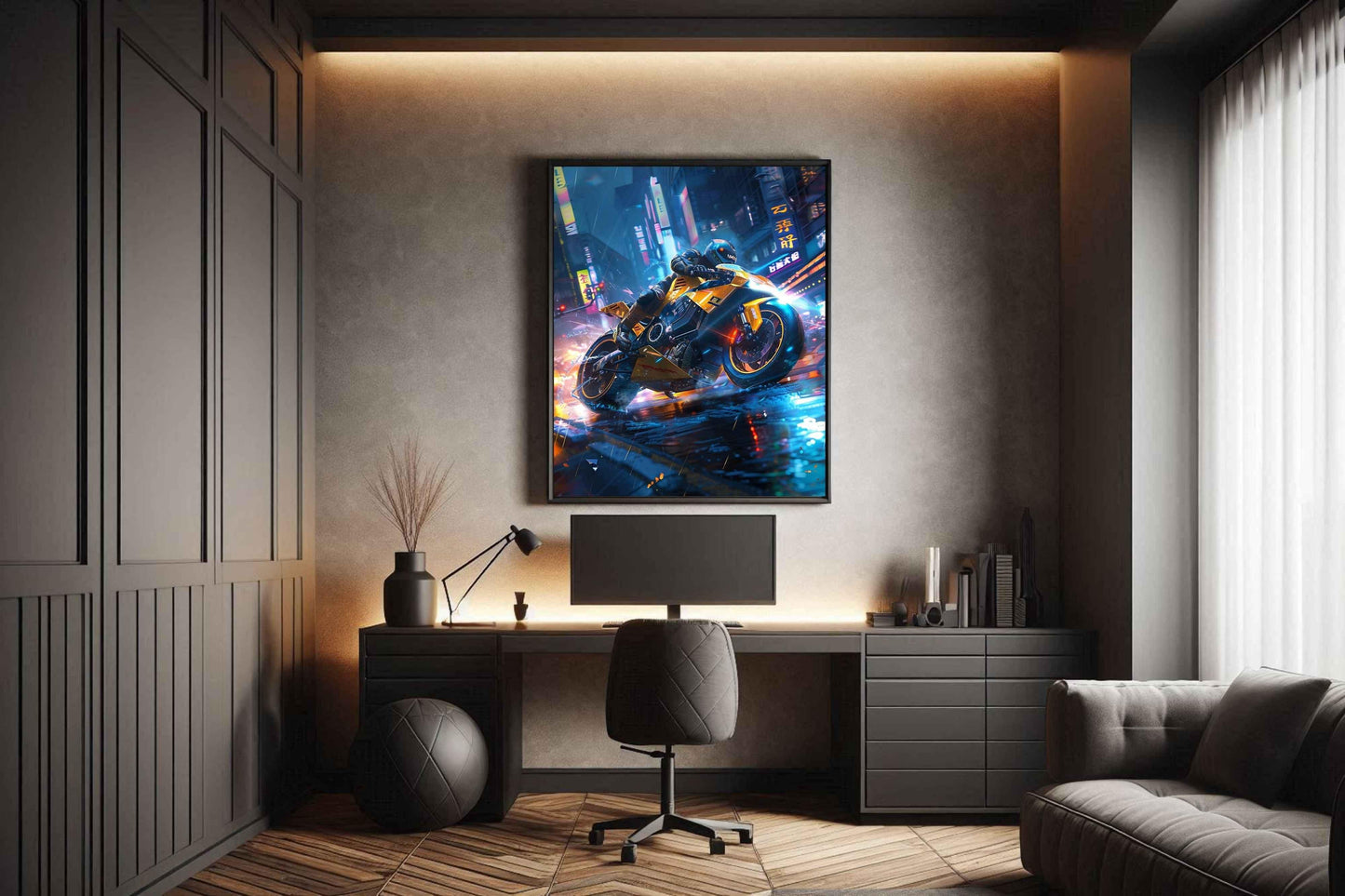 🏍️🏁🔧 Moto Cyberpunk Série futuriste #️⃣6  - (Affiche encadrée métal) - Aura Studio Déco