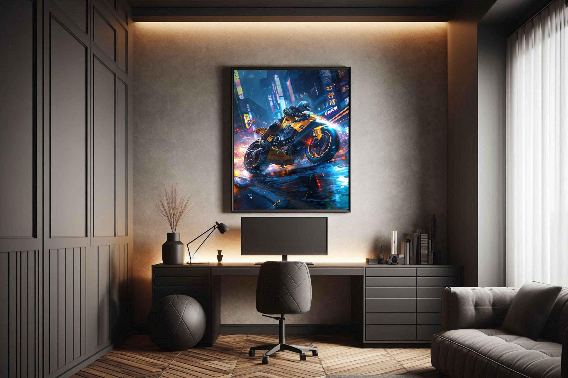 🏍️🏁🔧 Moto Cyberpunk Série futuriste #️⃣6  - (Affiche encadrée métal) - Aura Studio Déco