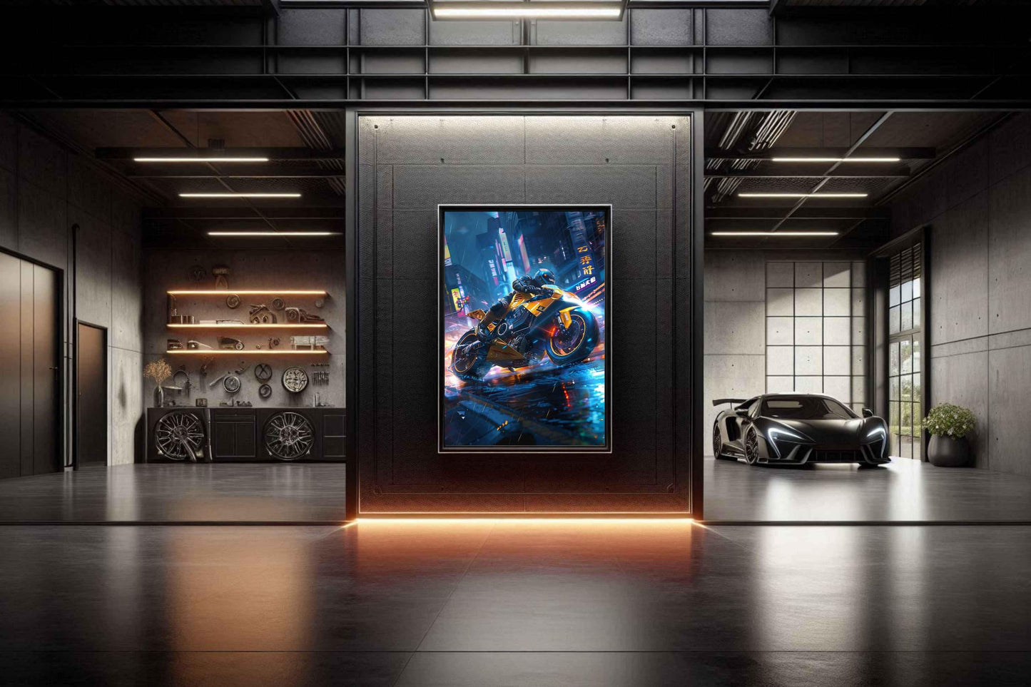 🏍️🏁🔧 Moto Cyberpunk Série futuriste #️⃣6  - (Affiche encadrée métal) - Aura Studio Déco