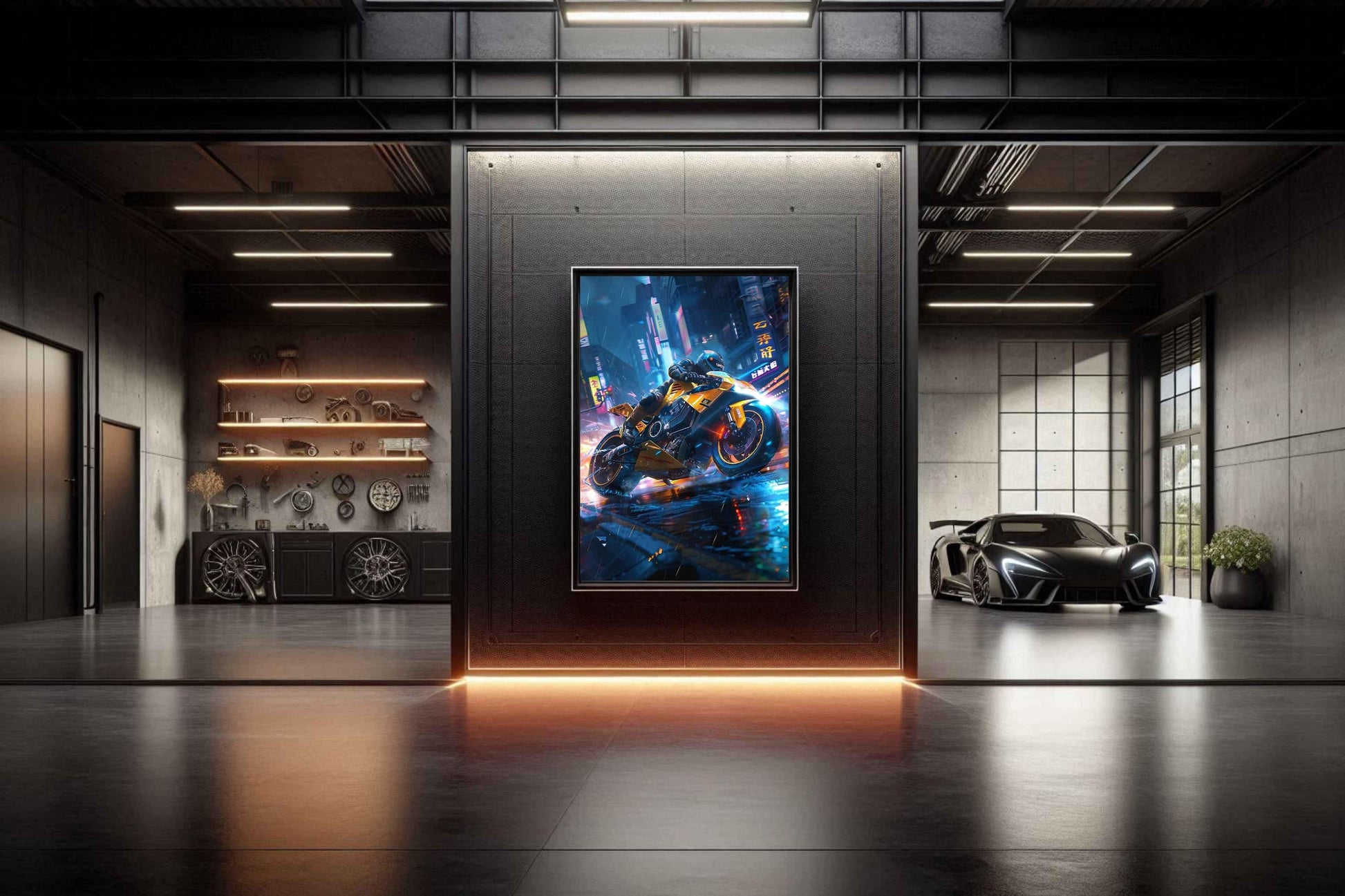🏍️🏁🔧 Moto Cyberpunk Série futuriste #️⃣6  - (Affiche encadrée métal) - Aura Studio Déco