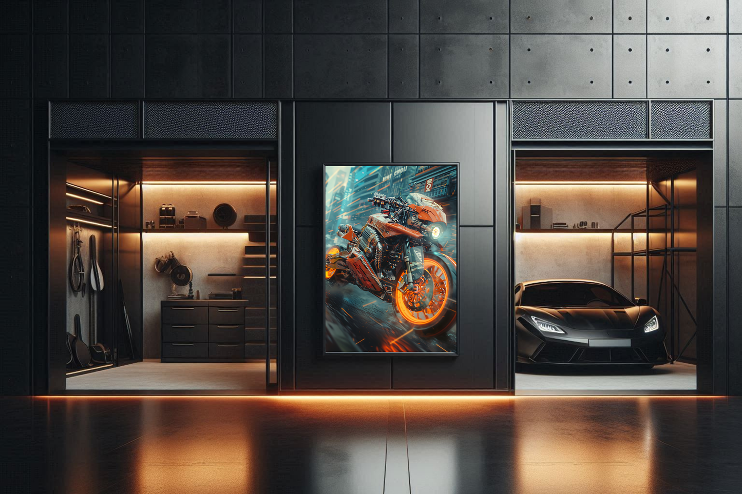 🏍️🏁🔧 Moto Cyberpunk Série futuriste #️⃣10  - (Affiche encadrée métal) - Aura Studio Déco